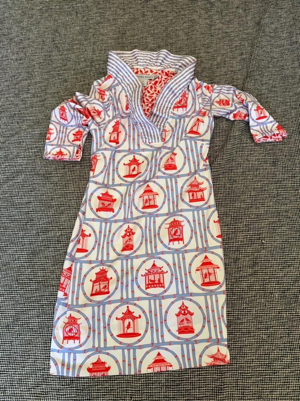 Gretchen Scott “Odessa” Jersey dress ruffled neck pagoda print women’s sz medium